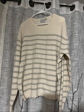 Peter Millar Cream and Light Gray Striped Crewneck Sweater